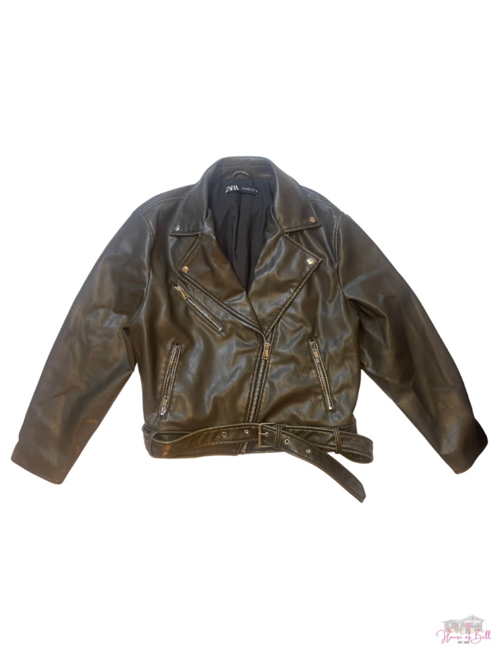 ZARA Distressed Brown Faux Leather Belted Moto Biker Jacket Size X